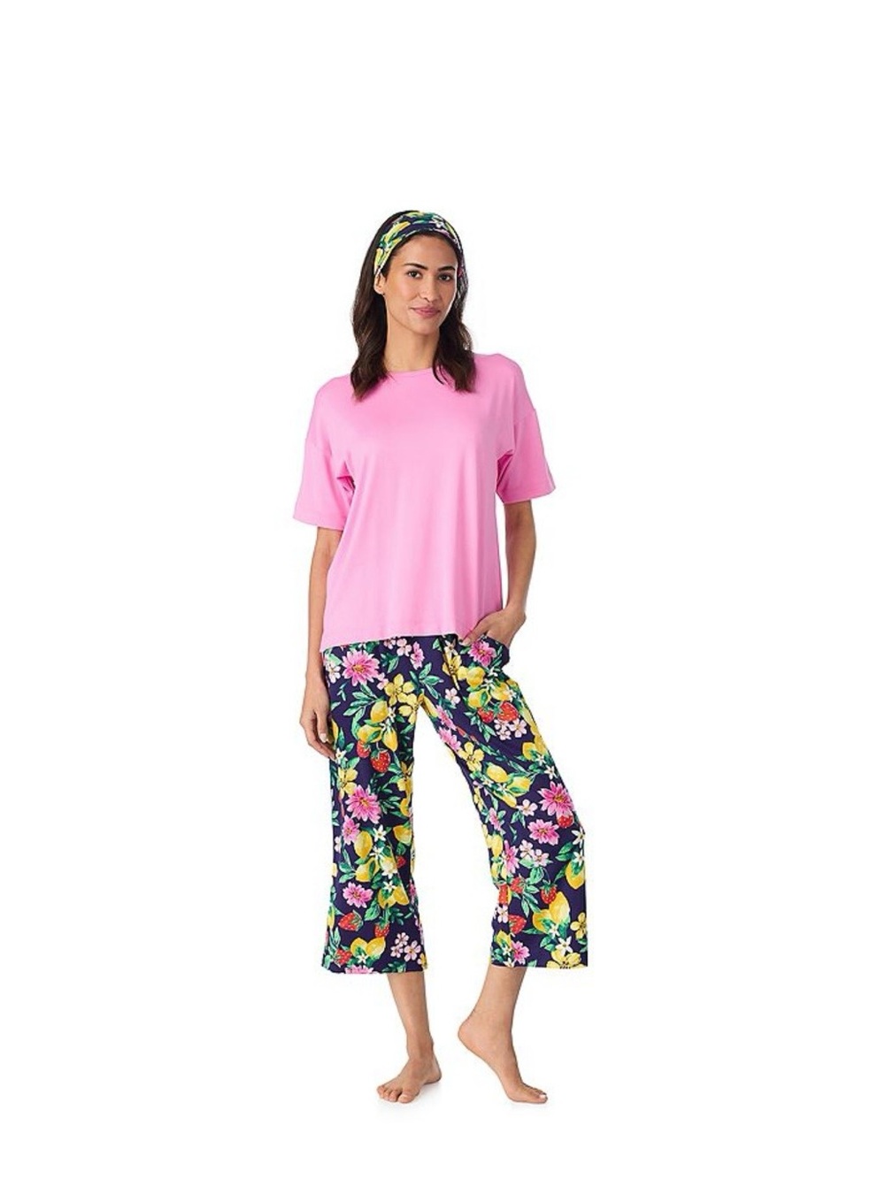 Cuddl Duds short sleeve top and Capri pajama set with headband, size small, pink